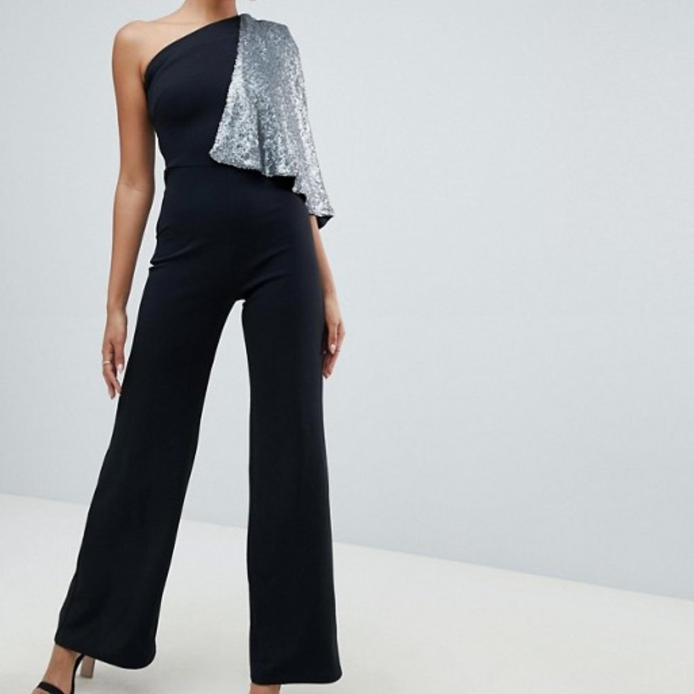 Club L Sz 2 Sequin Cape Sleeve 1 Shoulder Jumpsuit